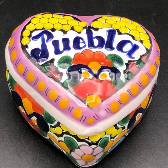 Puebla Mexico Signed Pottery Lidded Dish Handmade Trinket Jewelry Heart Flowers - Picture 2 of 10